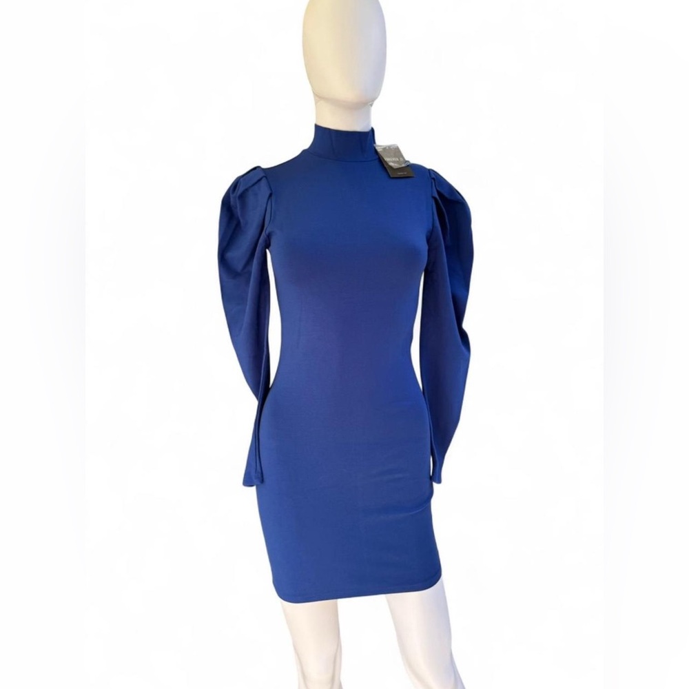 NWT Forever 21 Blue Puff Sleeve Bodycon Dress | Mock Neck | Small